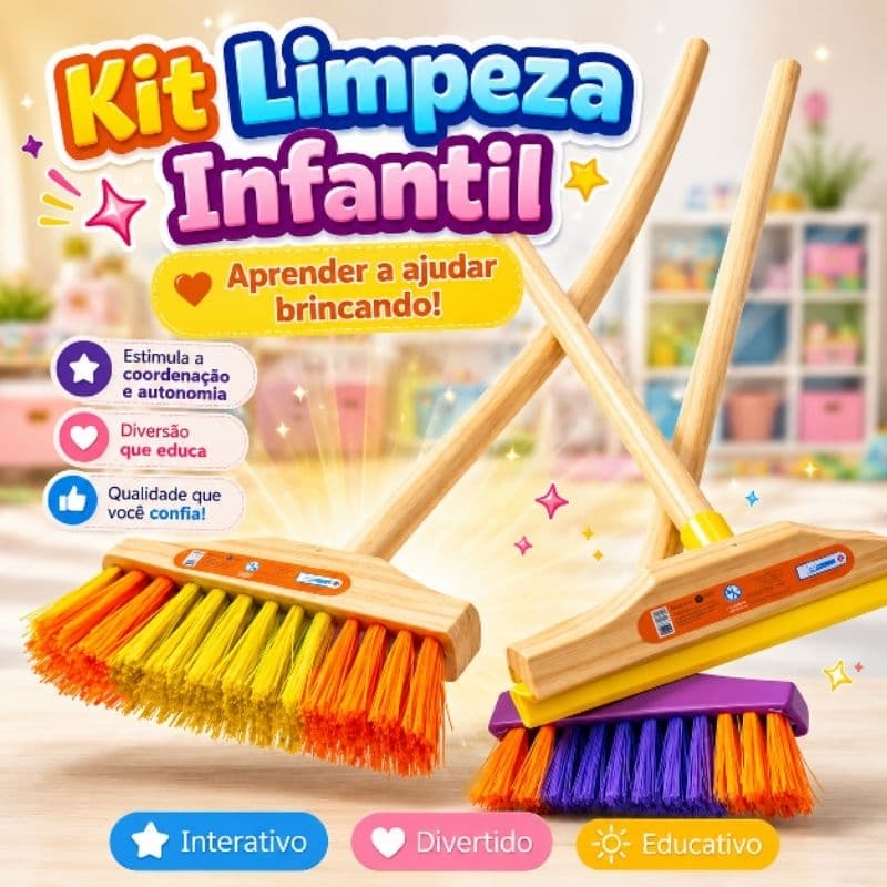 Vassoura + Rodo Infantil, em madeira p/ Crianças - Cores Vibrantes, Produto Divertido, Funcional
