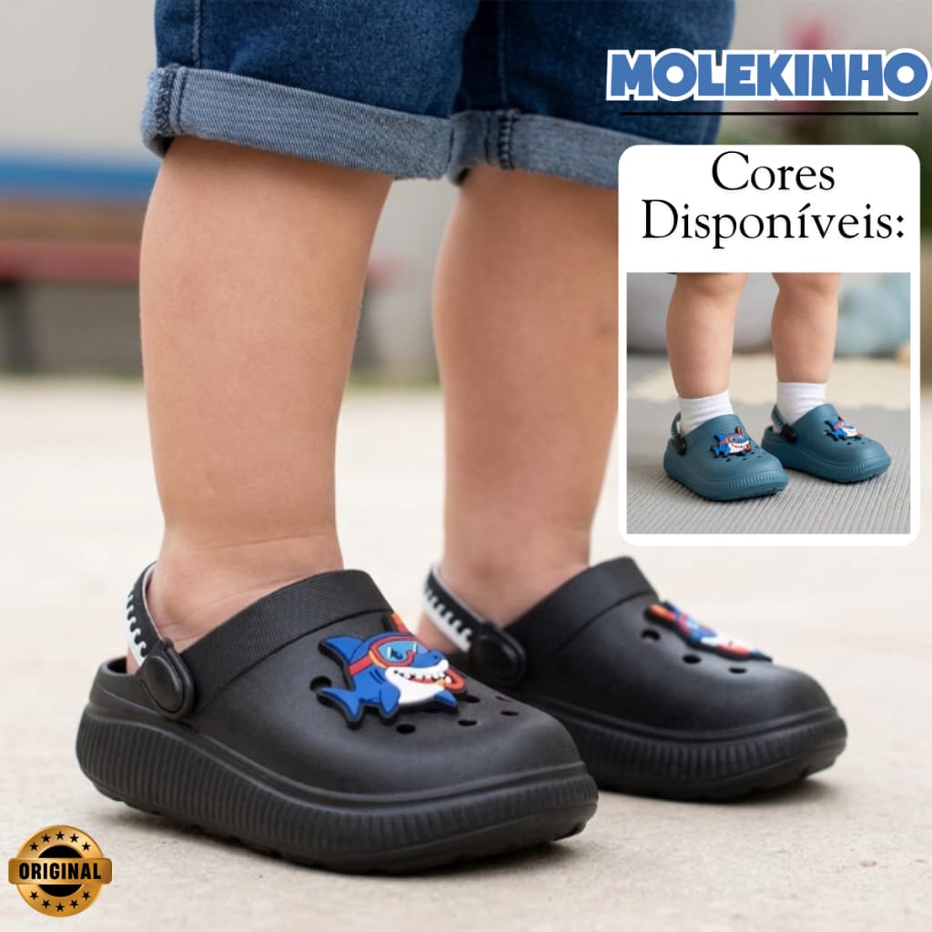 Sandália Clog Molekinho Meninos Babuche Bottons Tubarão Elástico Calce Fácil Leve Original