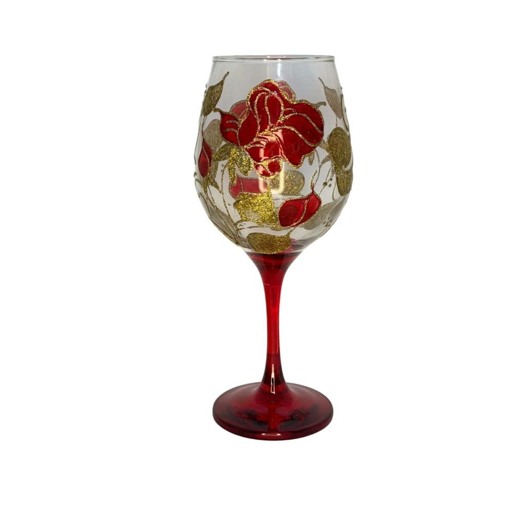 Taça Barone de Vidro Artesanal Decorada para Pomba Gira Umbanda Flores Vermelhas e Dourado