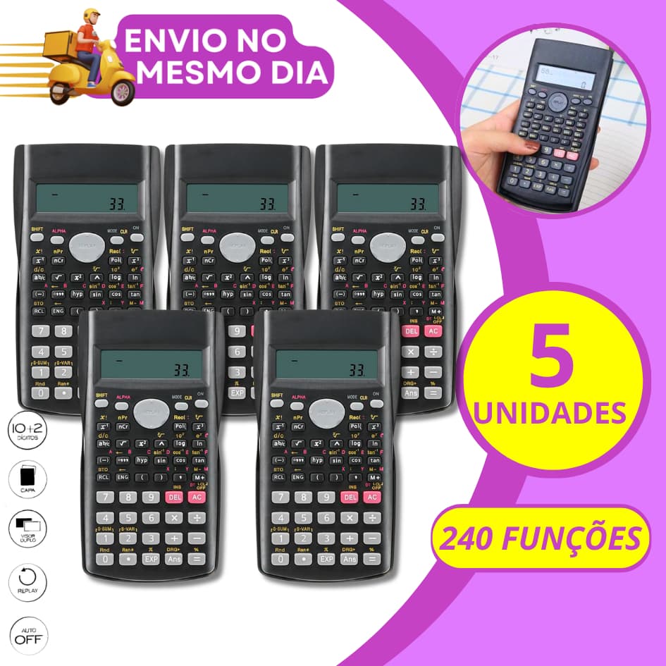 KIT 3 5 Calculadora Cientifica com Capa Protetora  240 Funções A Pilha Financeira Escolar Faculdade Trabalho