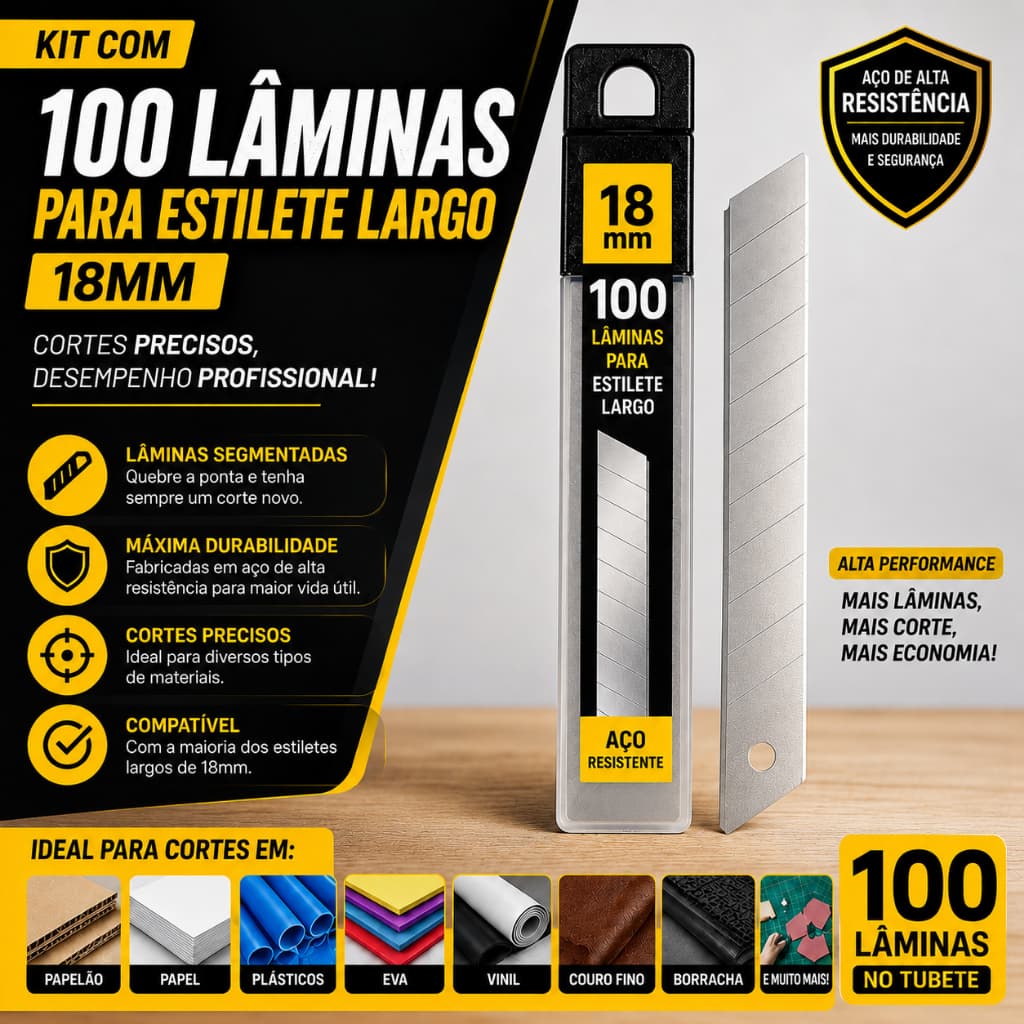 Lâmina de Estilete Profissional Refil para Estilete Kit com 100 Unidades