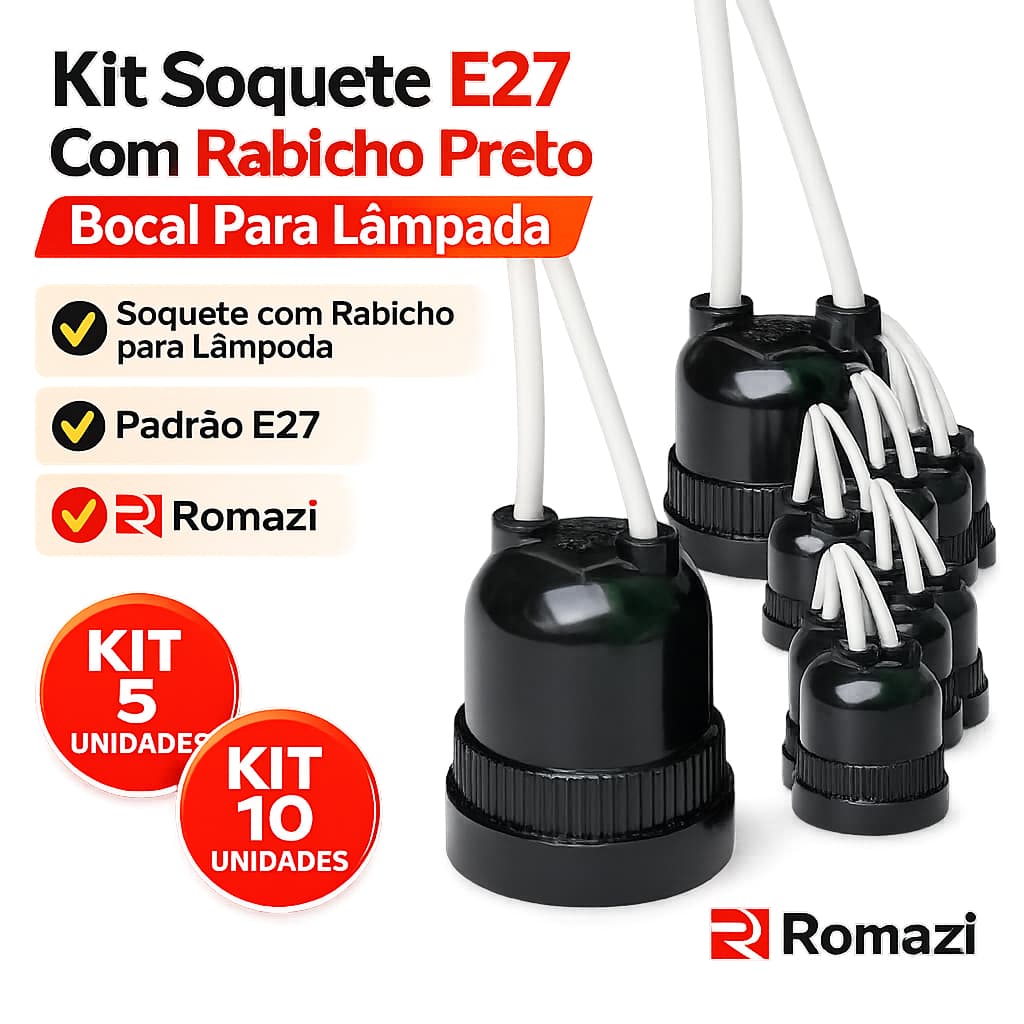 Kit Soquete E27 Com Rabicho Preto Bocal Para Lâmpada 5 10 Unidades