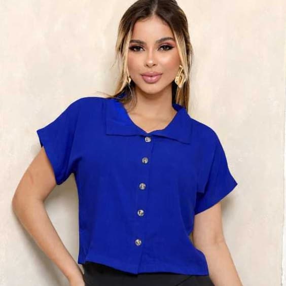 Blusa Feminino  Cropped Viscolinho Elegante Camisa Social Manga Curta 5 Botões P M G GG  G1