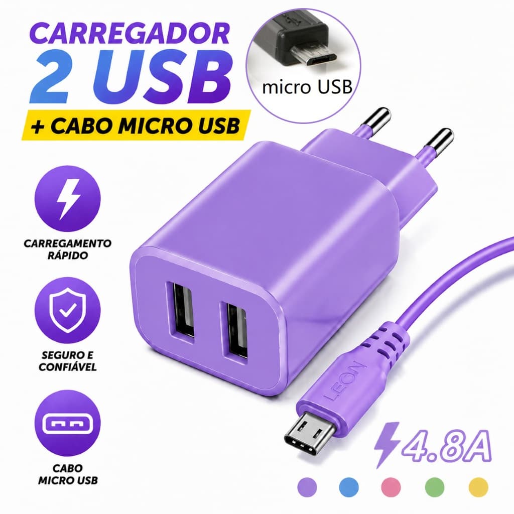 Carregador USB Carga Rápida 4.8A com Cabo Micro USB 2 Portas Cores Pastel Segurança 8043