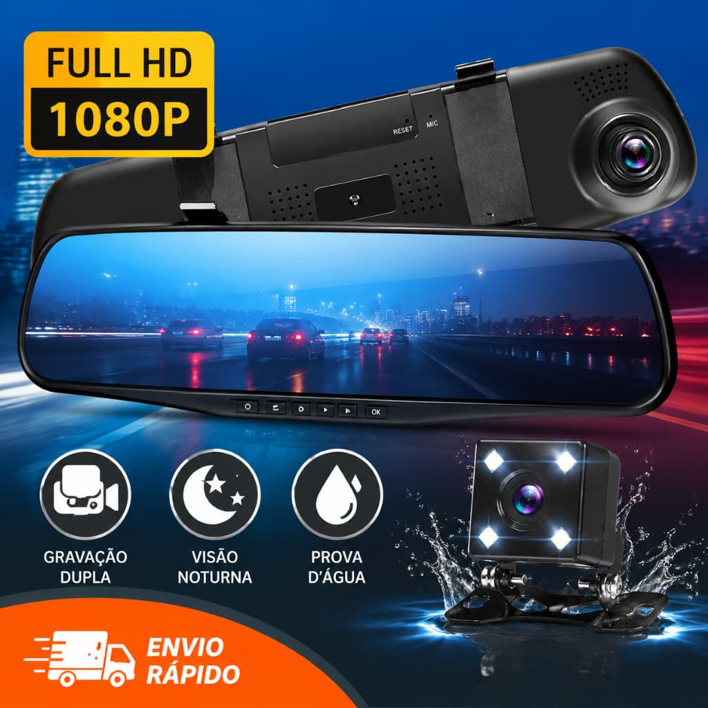 Monitor Retrovisor com Câmera Dupla HD 1080P Tela 4.5" Gravação e Visão Noturna para Ré