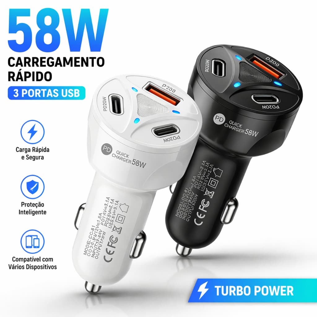 Adaptador Isqueiro Carro 3 USB Carregador Veicular Multifuncional Para Celular Tablet