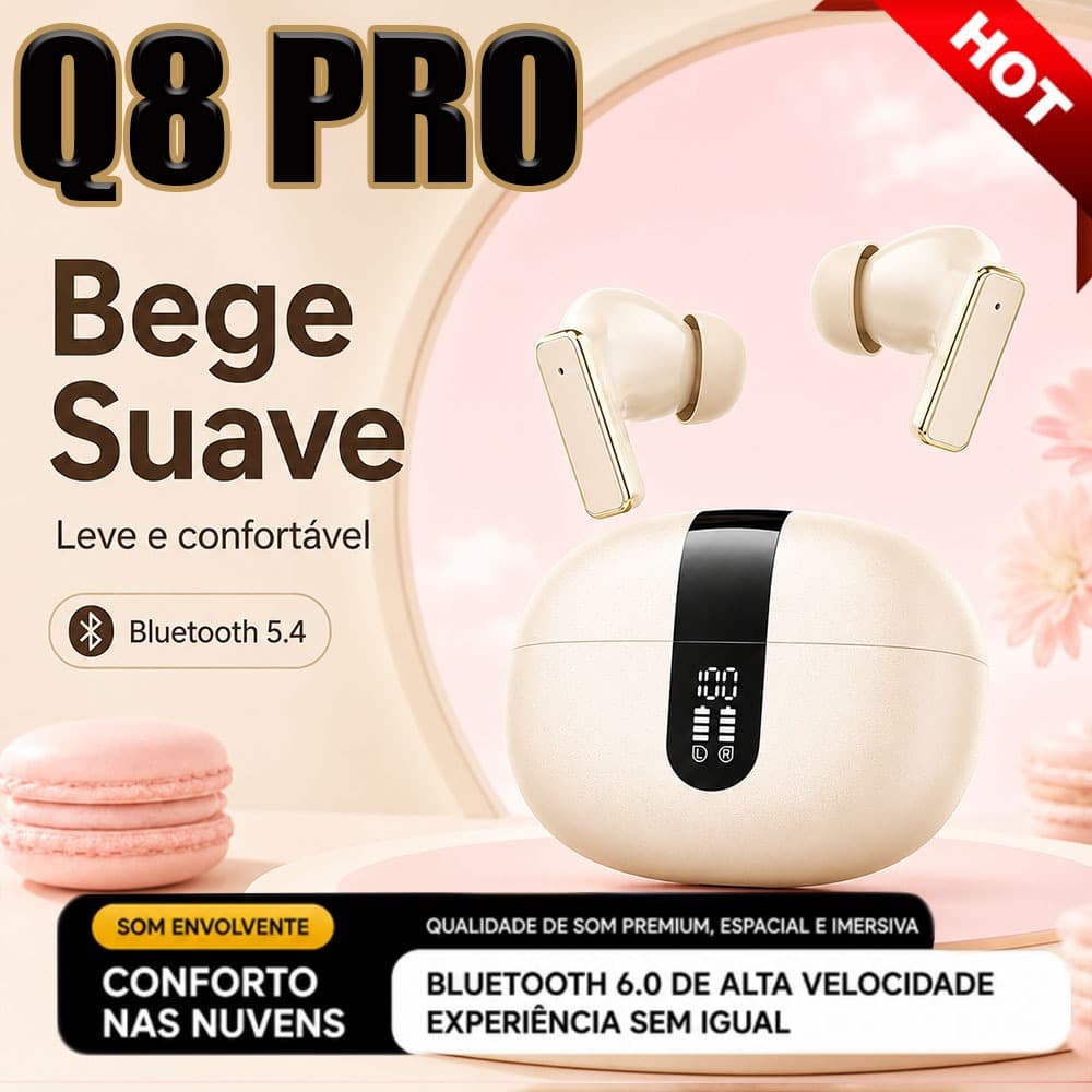 Fone de Ouvido Q8 PRO Bluetooth TWS Sem Fio, Confortável, Som Imersivo e Visor de Bateria