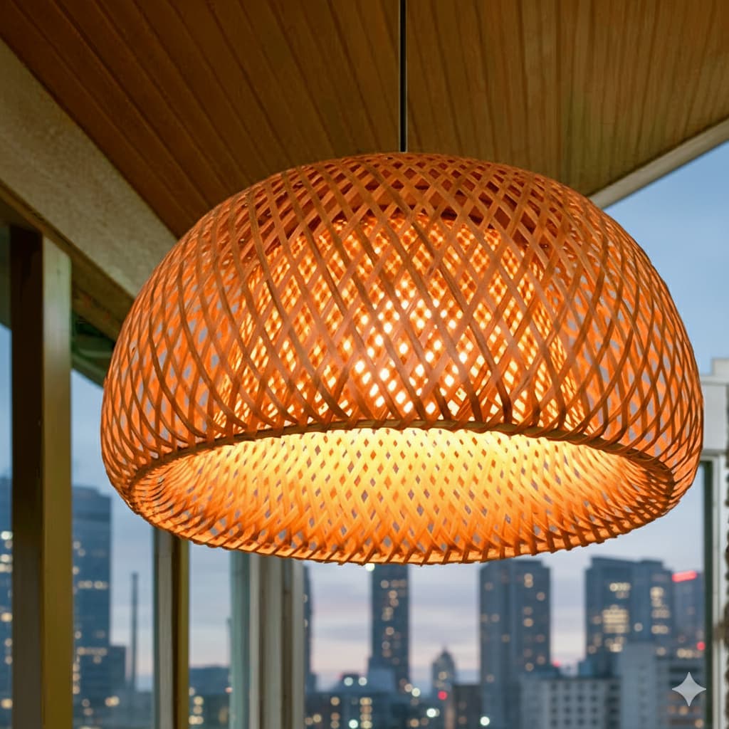 Lustre Pendente Bambu Natural Artesanal Fibra Trançada Luminária LED Rústica Decorativa Moderno