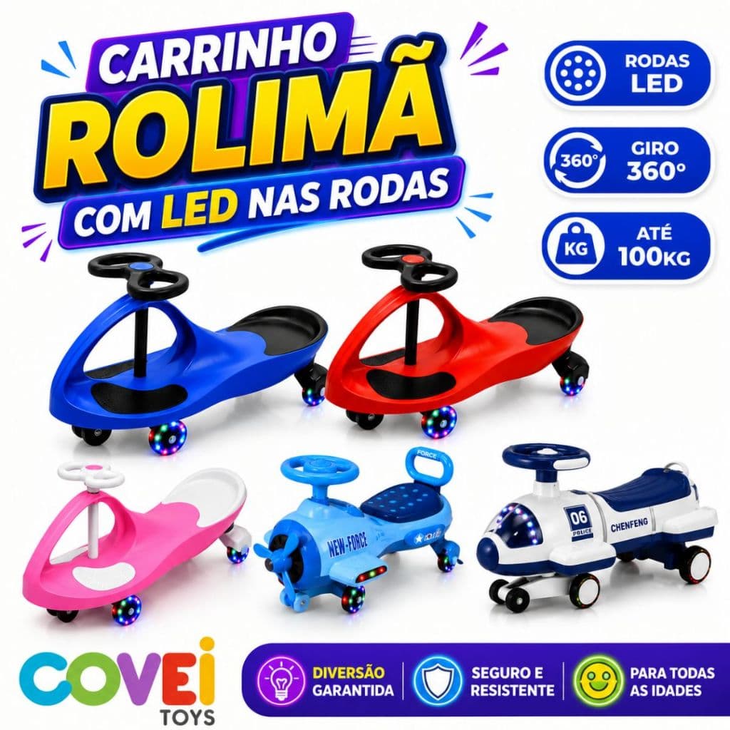 Carrinho Rolimã Car Infantil Gira Volante 360 Suporta 100 Kg Rodas Com Led Menino Menina Covei Toys