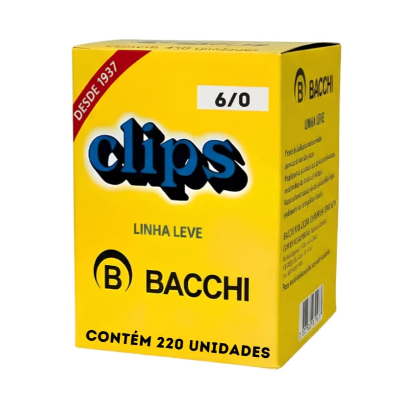 Clips Bacchi Nº 6/0 Original 220 Unidades para Papel Escritório Organização Arquivo