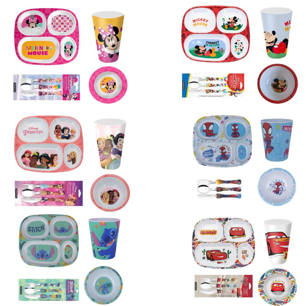 Kit Infantil Personagens 4 Peças | Prato com Divisórias, Talheres, Copo e Bowl