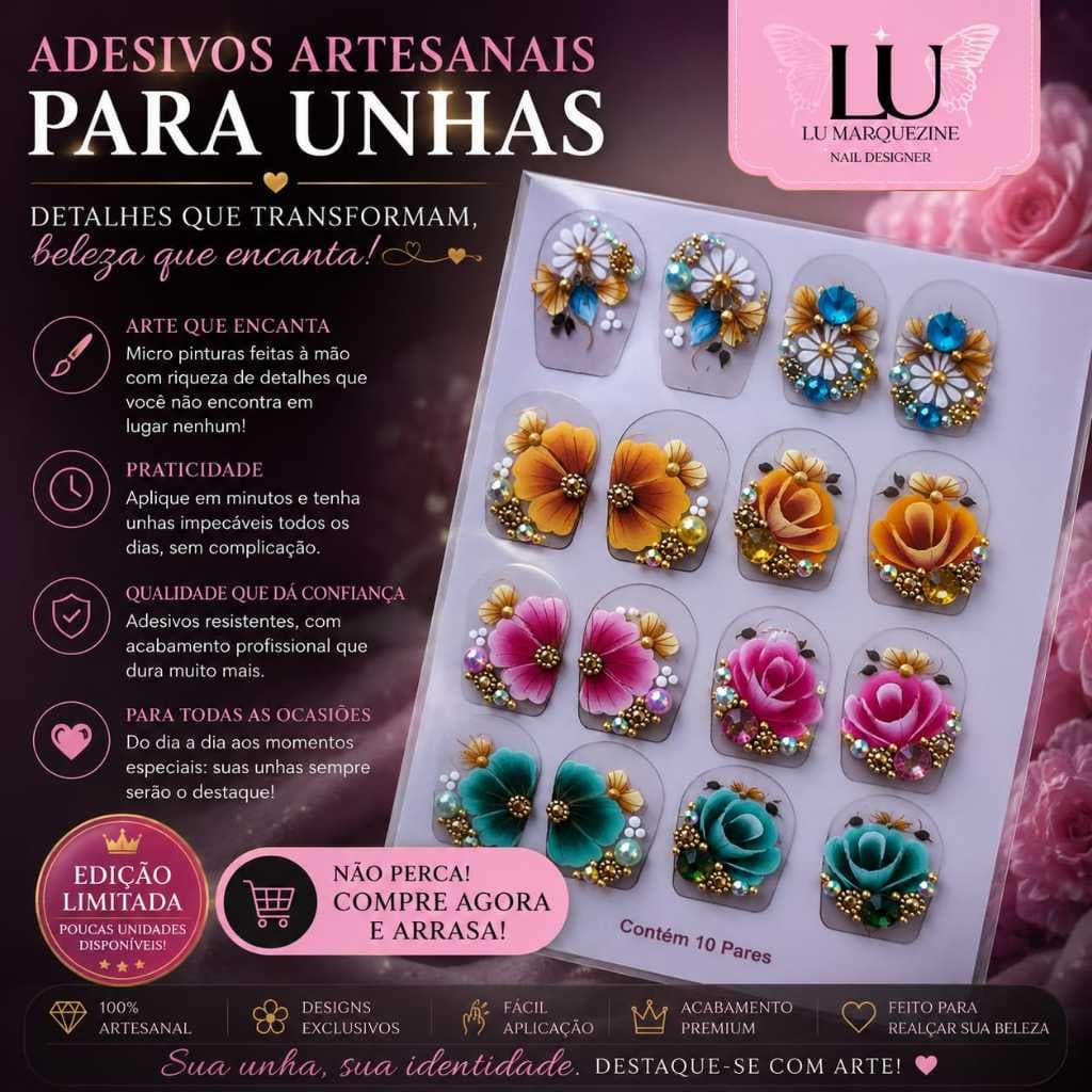 12 Adesivos 100% Artesanais Joias Pedrarias Strass, películas para unhas artesanais, 100% a mão