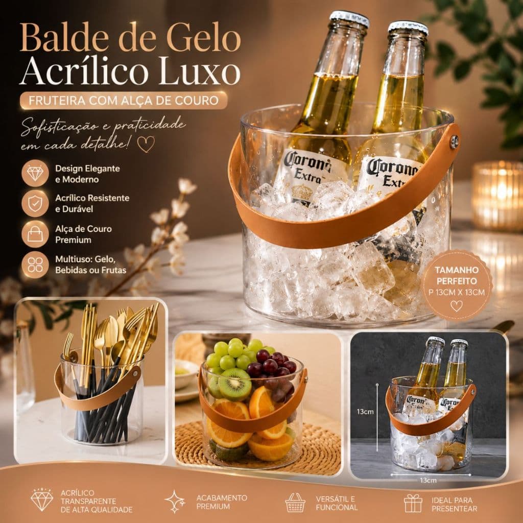 Balde De Gelo Acrílico Luxo Fruteira Com Alça De Couro P 13x13