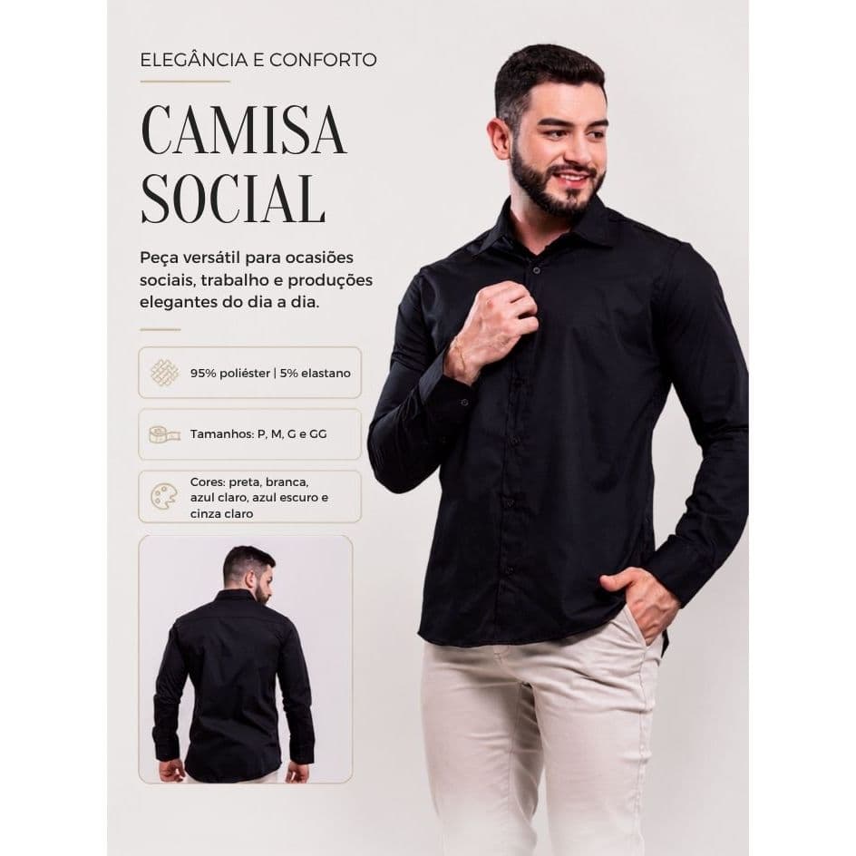 Camisa Social Masculina Slim Fit Manga Longa Lisa  Casual Elegante Premium  Escritório  Festa Social