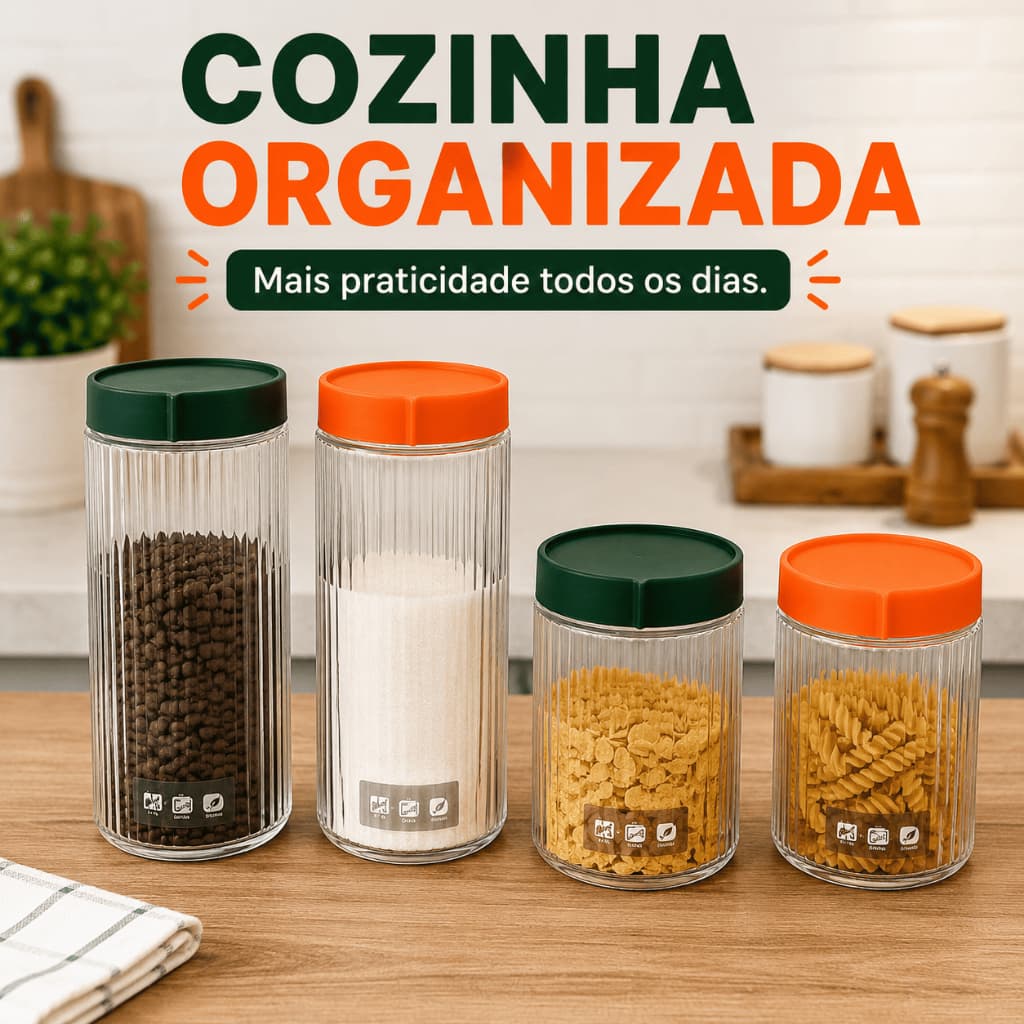 Conjunto 4 Potes de Vidro Redondos com Tampa Herméticos 1L 500ml Mantimentos