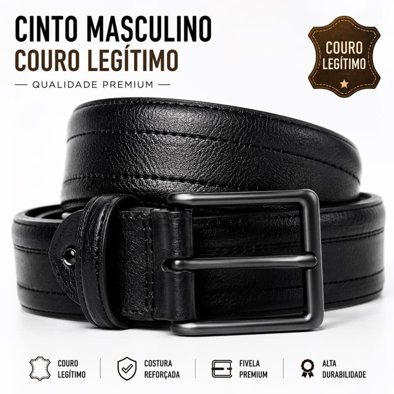 Cinto Masculino Couro Legítimo com Costura Central Reforçada Social e Casual