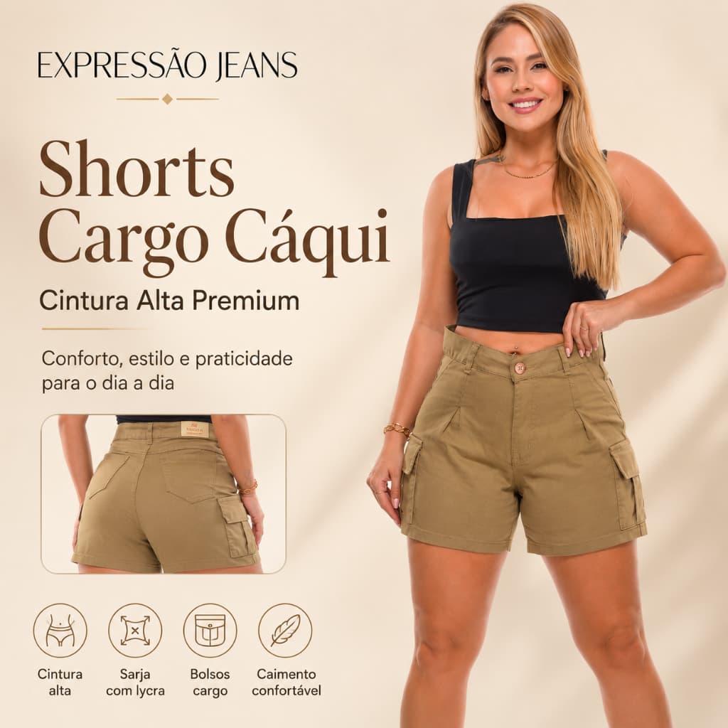 Shorts Cáqui feminino cintura alta Premium com Lycra