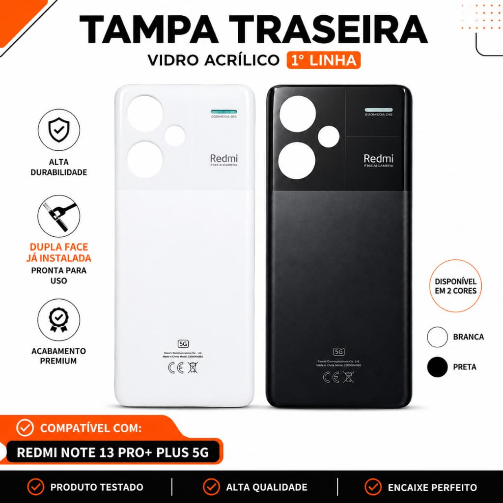 Capa Trás Redmi Note 13 Pro Plus + 5G Tampa Traseira 1° Linha Vidro Acrílico Com Logo CE