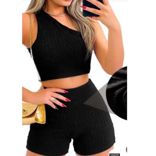Conjunto feminino Short é Cropd Conjunto Fitness Texturizado Premium – Top Assimétrico e Shorts