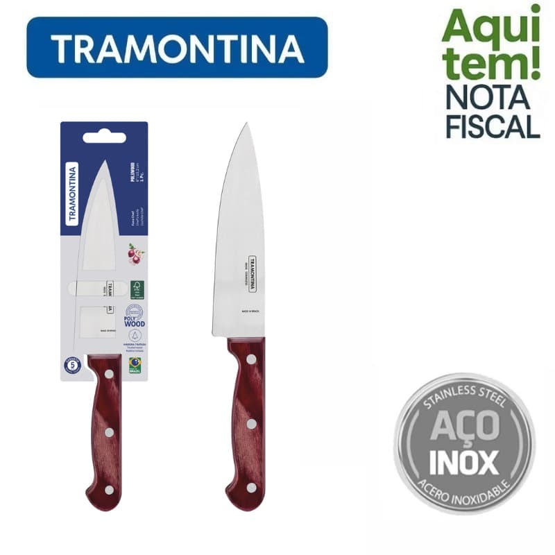 Faca Chef Tramontina Polywood com Lâmina em Aço Inox e Cabo de Madeira Vermelho 6"