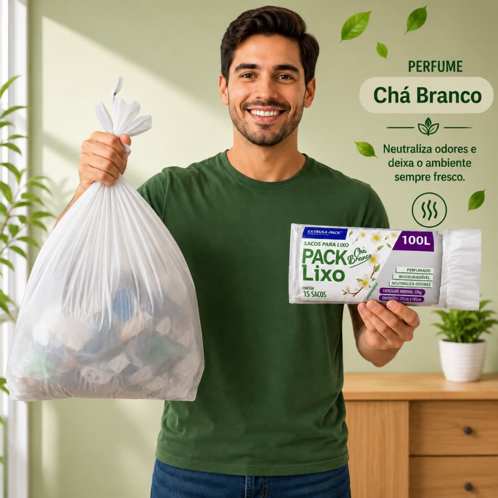 Sacos de Lixo Perfumado para Pia e Banheiro e Lixeiras de 15L, 30L, 50L e 100L.Fragrância Chá Branco.