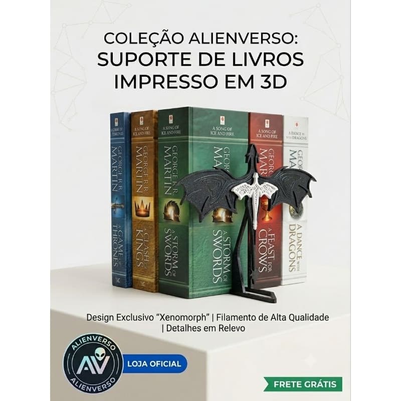 Suporte de Livros Dragão Impresso em 3D – Aparador de Livros Decorativo Premium GOT | AlienVerso