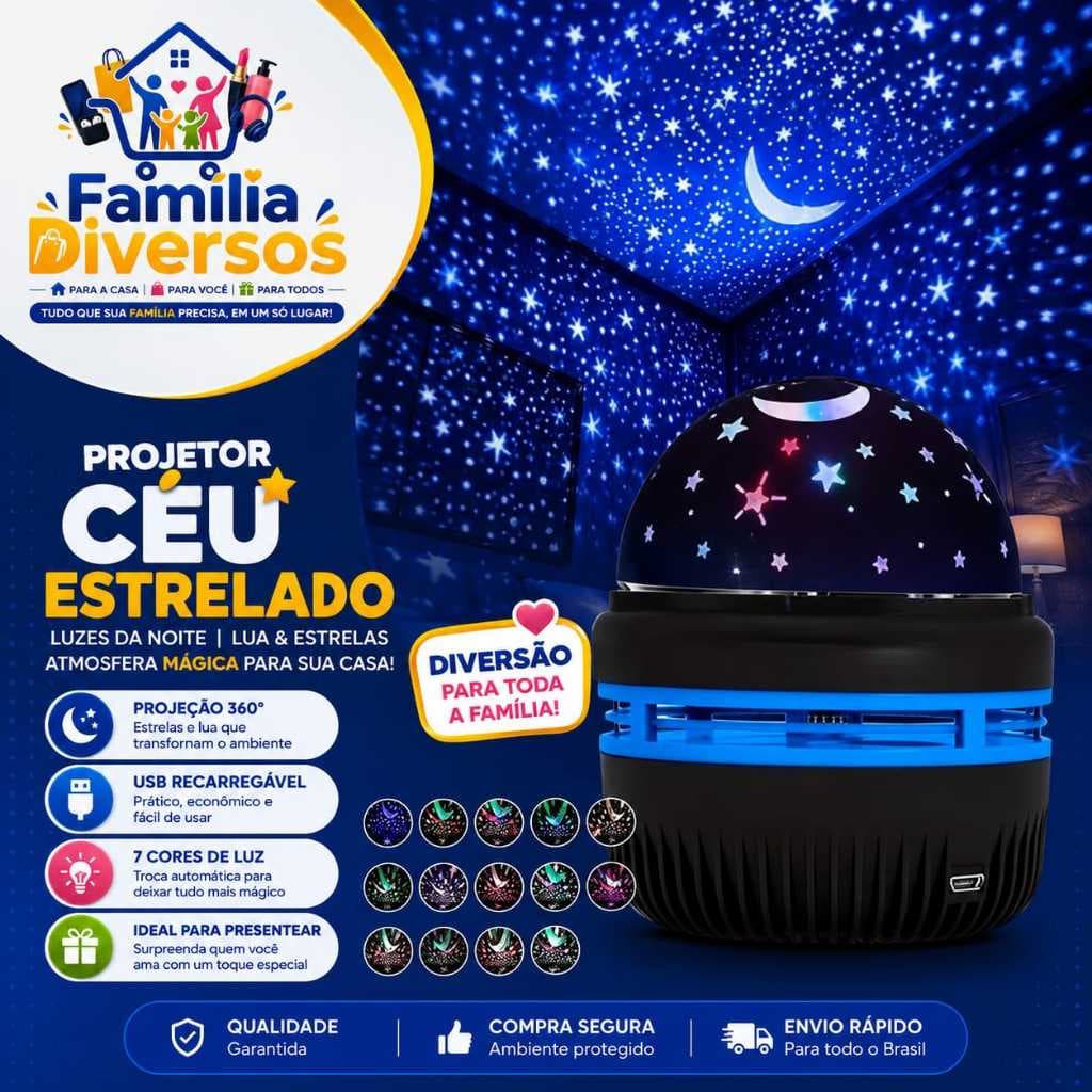Projetor de Luz LED com Projeção de Céu Estrelado e Aurora Boreal