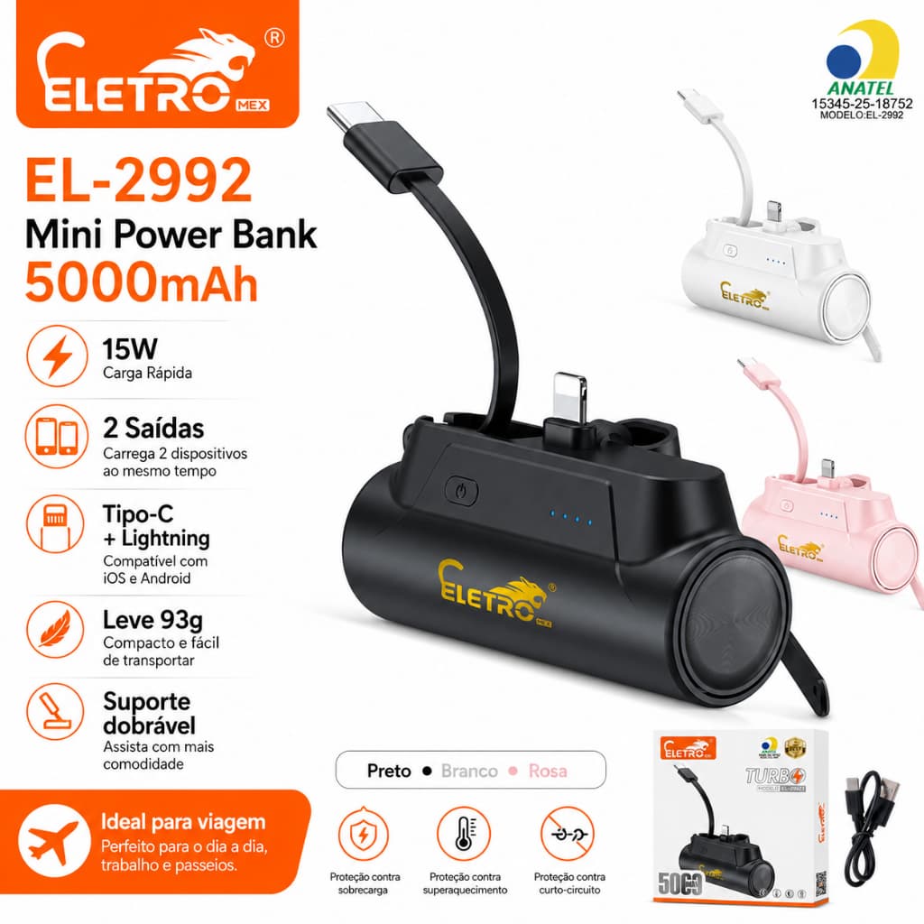 Eletromex Mini Power Bank Portátil 2 em 1 Lightning e Tipo-C Bateria Auxiliar Sem Cabo 5000mAh EL-2992
