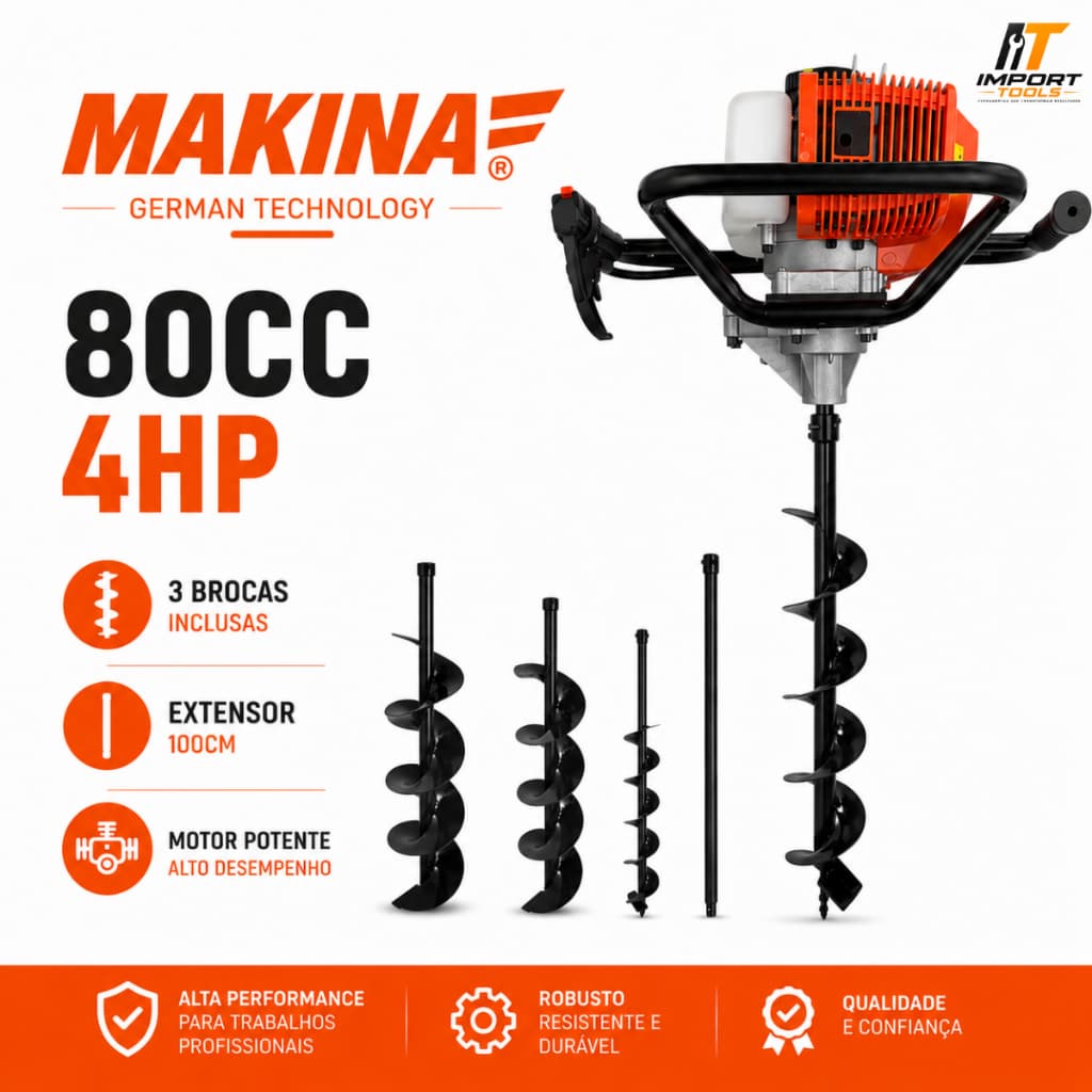 Perfurador de Solo Trado a Gasolina Profissional 80cc Com broca 80x20c, 80x15cm, 80x10cm Makina