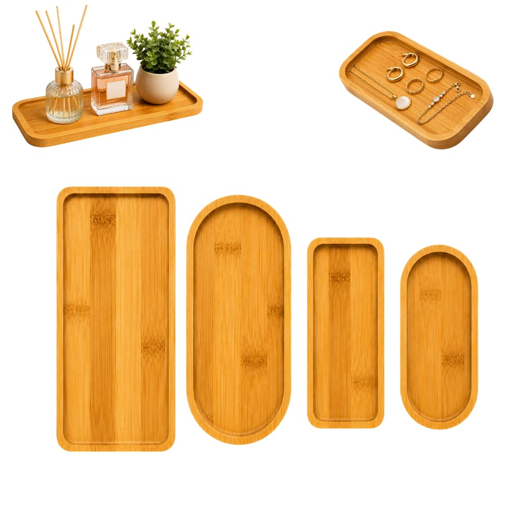 Bandeja de Bambu Natural Decorativa Retangular e Oval Elegante Cafe Mesa Posta Petisqueira