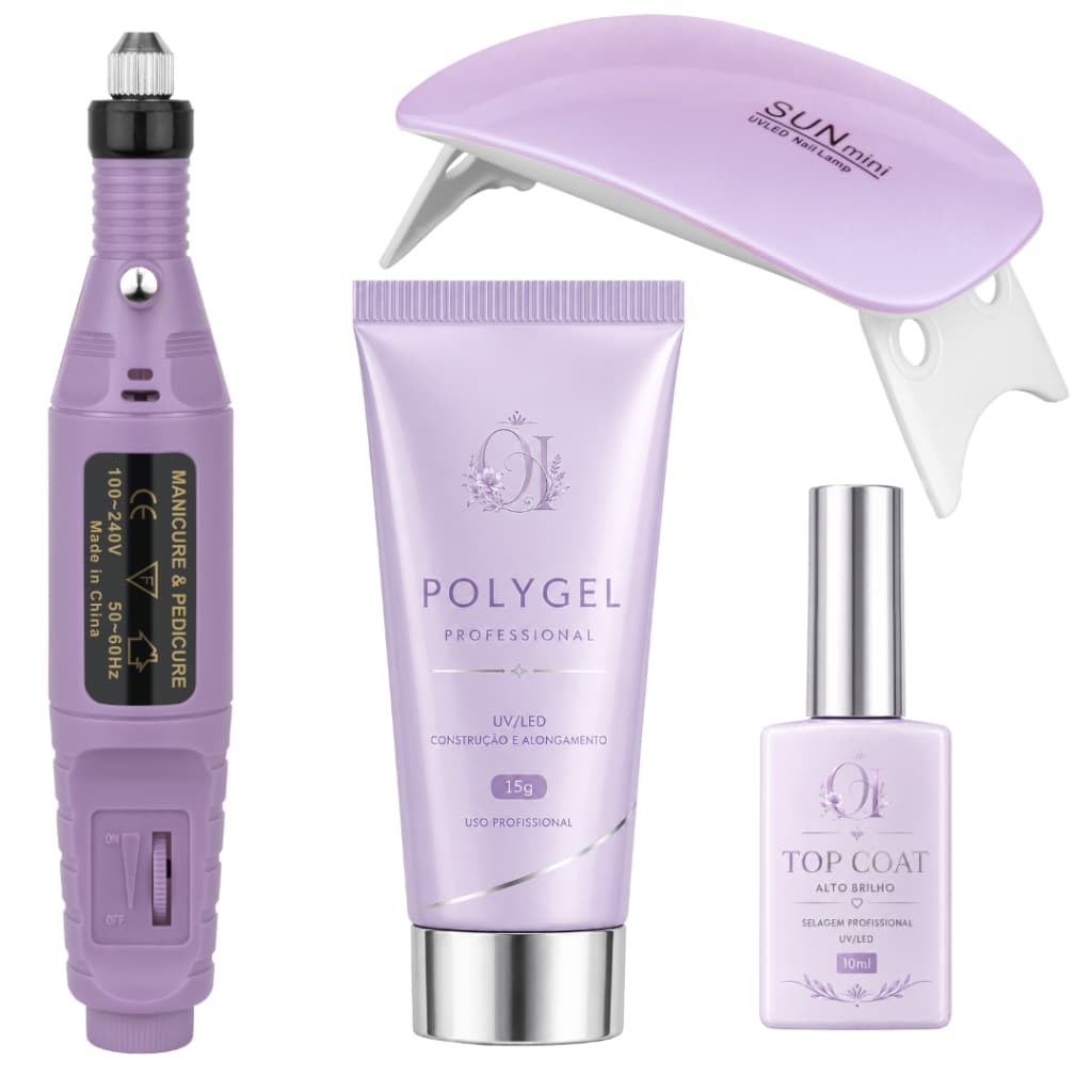 KIT POLYGEL + LIXADEIRA CANETA + CABINE SUN MINU LED UV + TOP COAT