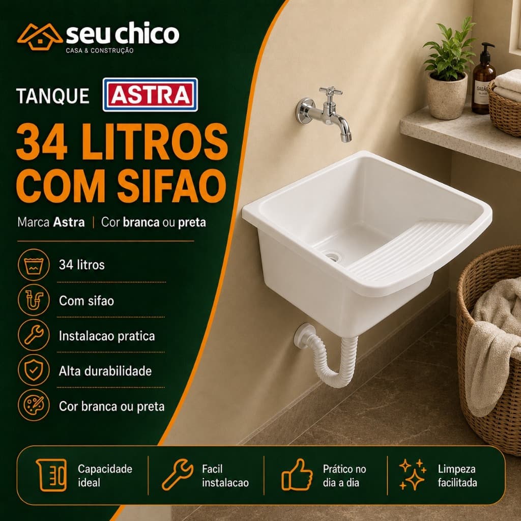 Tanque Plastico ASTRA 34 LITROS com SIFAO Branco ou Preto para Lavanderia