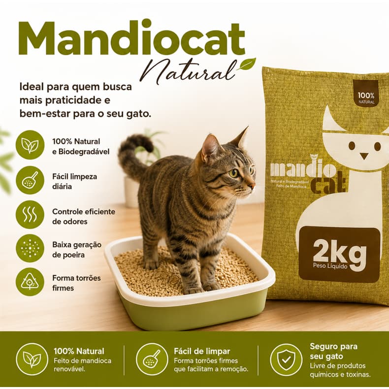 Areia de Gato Biodegradável Mandiocat 2kg Natural Controle de Odore Alta Absorção Gato