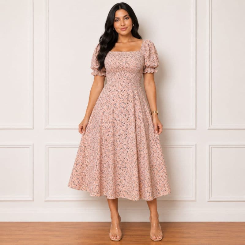 Vestido Midi Feminino Estampado Viscolinho Manga Bufante Cintura Marcada Soltinho Moda Verão
