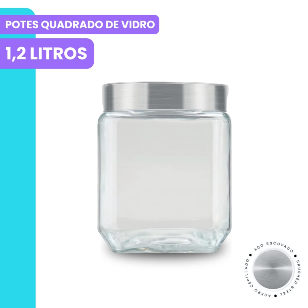 Pote de Vidro 1,2L Quadrado Com Tampa Rosca Inox Resistente