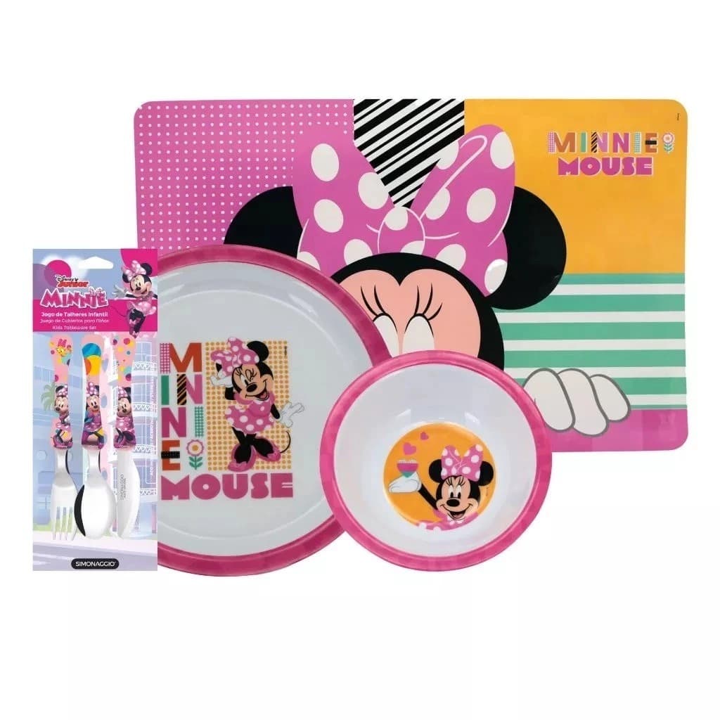 Kit Alimentação Infantil 4 Peças – Prato 21cm, Bowl, Talher e Jogo Americano - Minnie,Mickey,Princesas,Carros ou Stitch