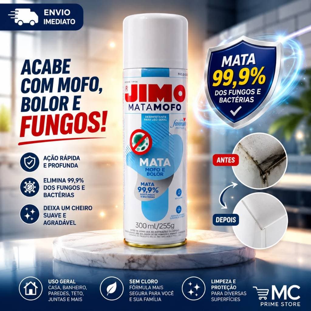 Mata Mofo e Bolor Jimo Spray 300ml Elimina Fungos Bactérias Limpa Paredes Banheiros Azulejos e Ambientes Úmidos