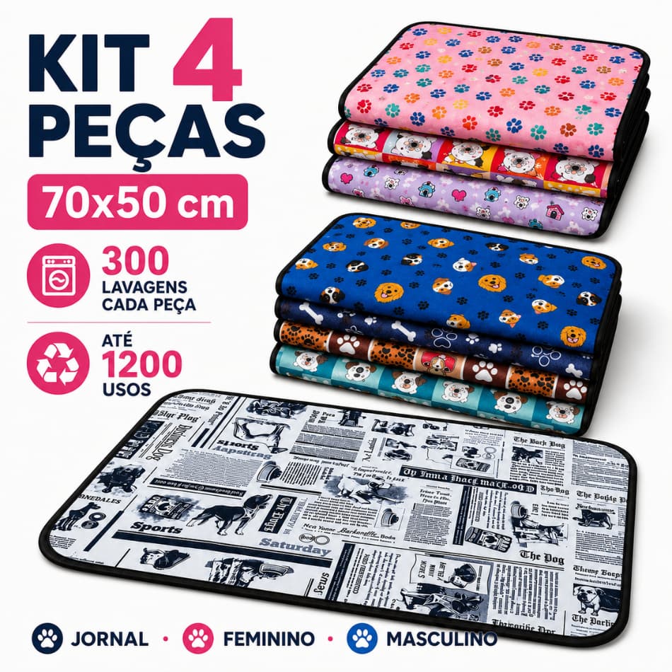 Kit 4 Tapetes Higiênicos 70x50cm Absorvente Impermeável 300 Lavagens Cada | Jornal Estampado P/ Xixi