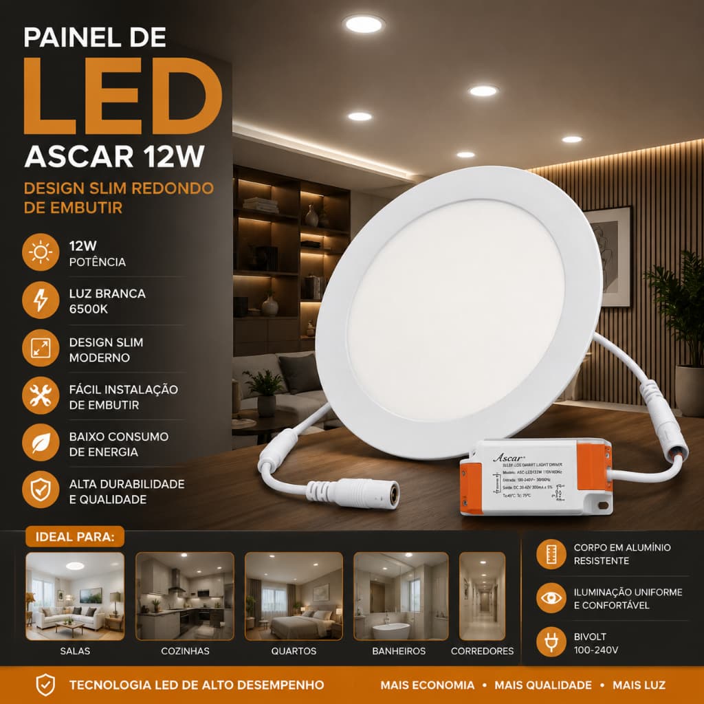 Painel de LED 12W – Branco neutro design Slim Redondo de Embutir