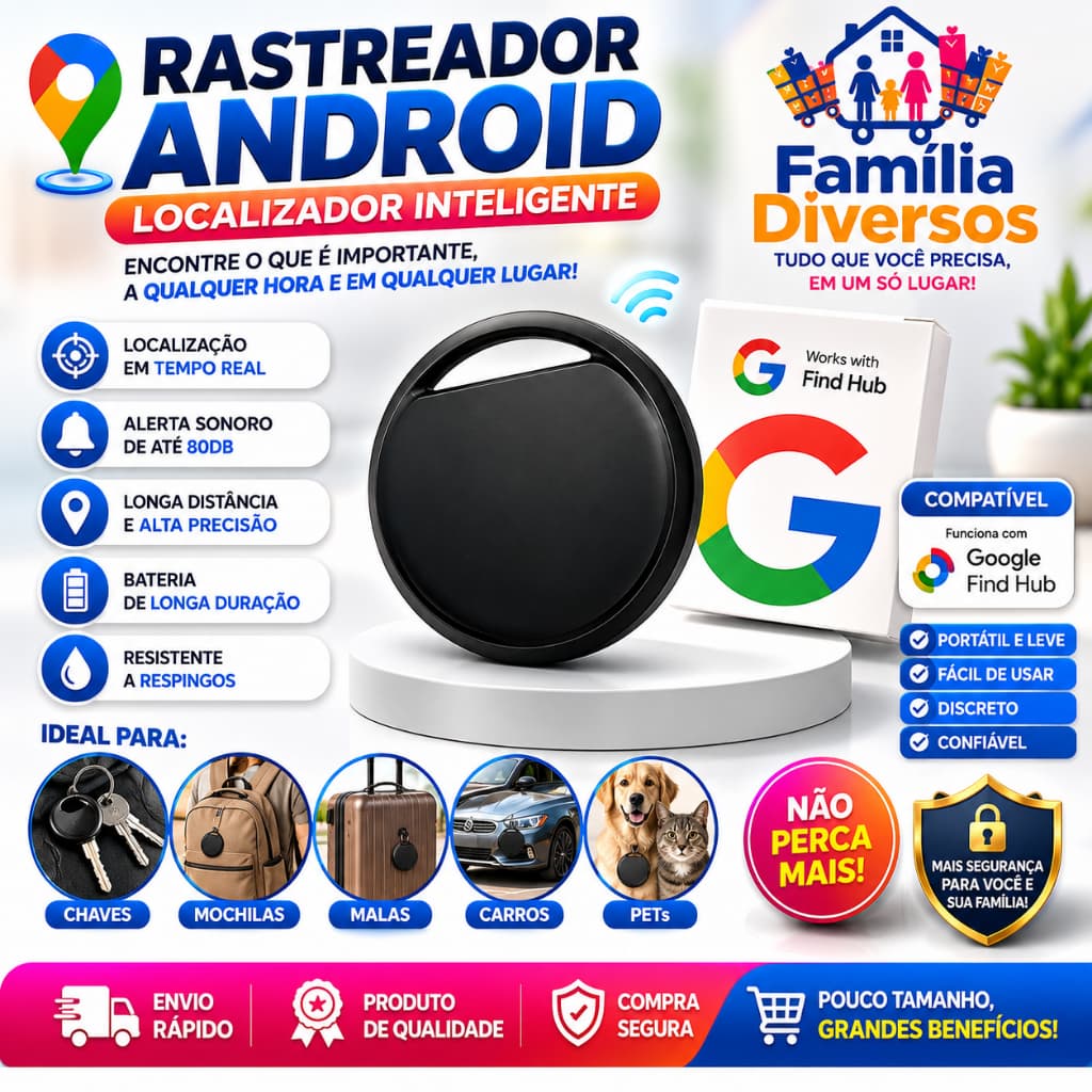 Rastreador ANDROID Smart Tag Compatível com AirTag GPS – Antiperda, à Prova d’Água, Pet, Criança, Mala, App Buscar
