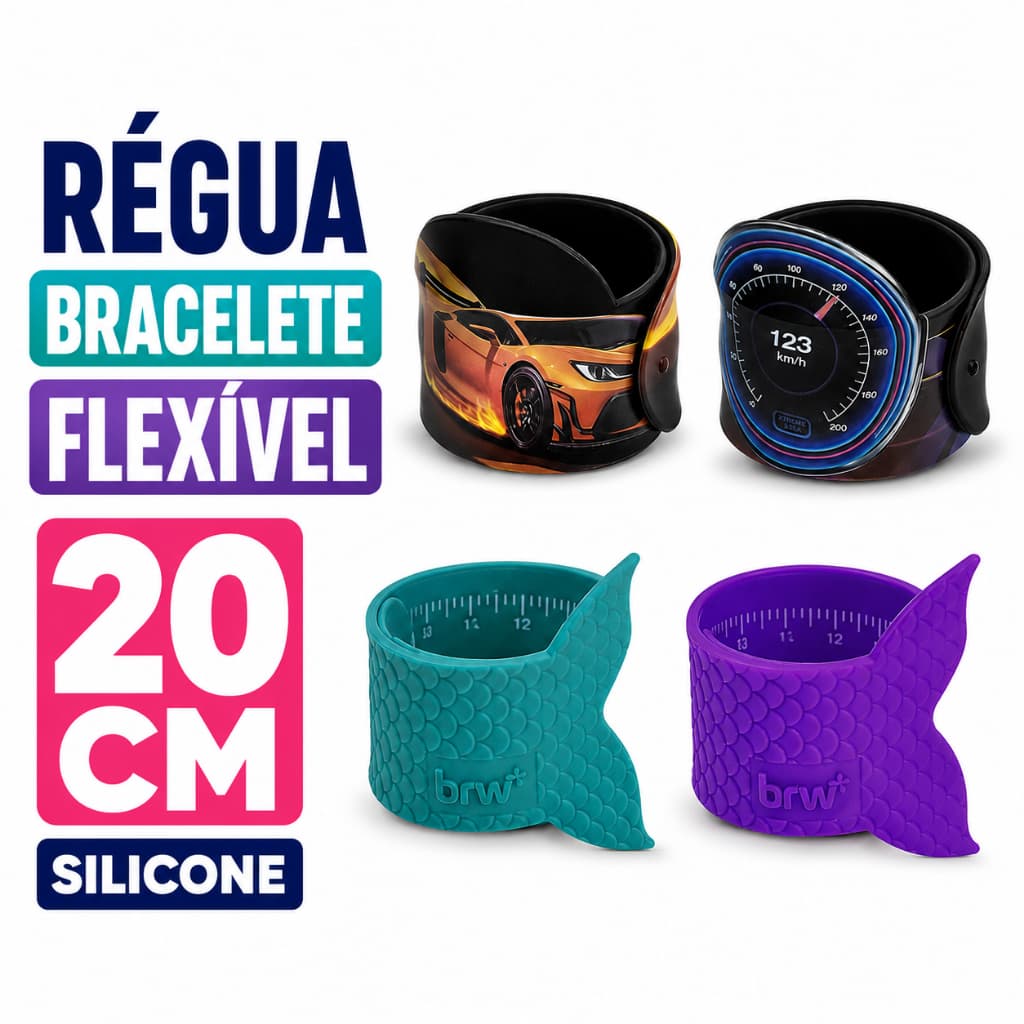 Régua Bracelete Flexível 20cm Silicone BRW Xtreme + Sea Escolar, Desenho e Medição Infantil