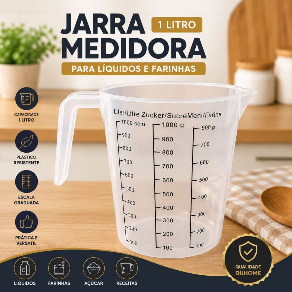 Jarra Medidora 1L Plástico Graduada para Líquidos Farinhas Leite Receitas Cozinha Resistente Duhome