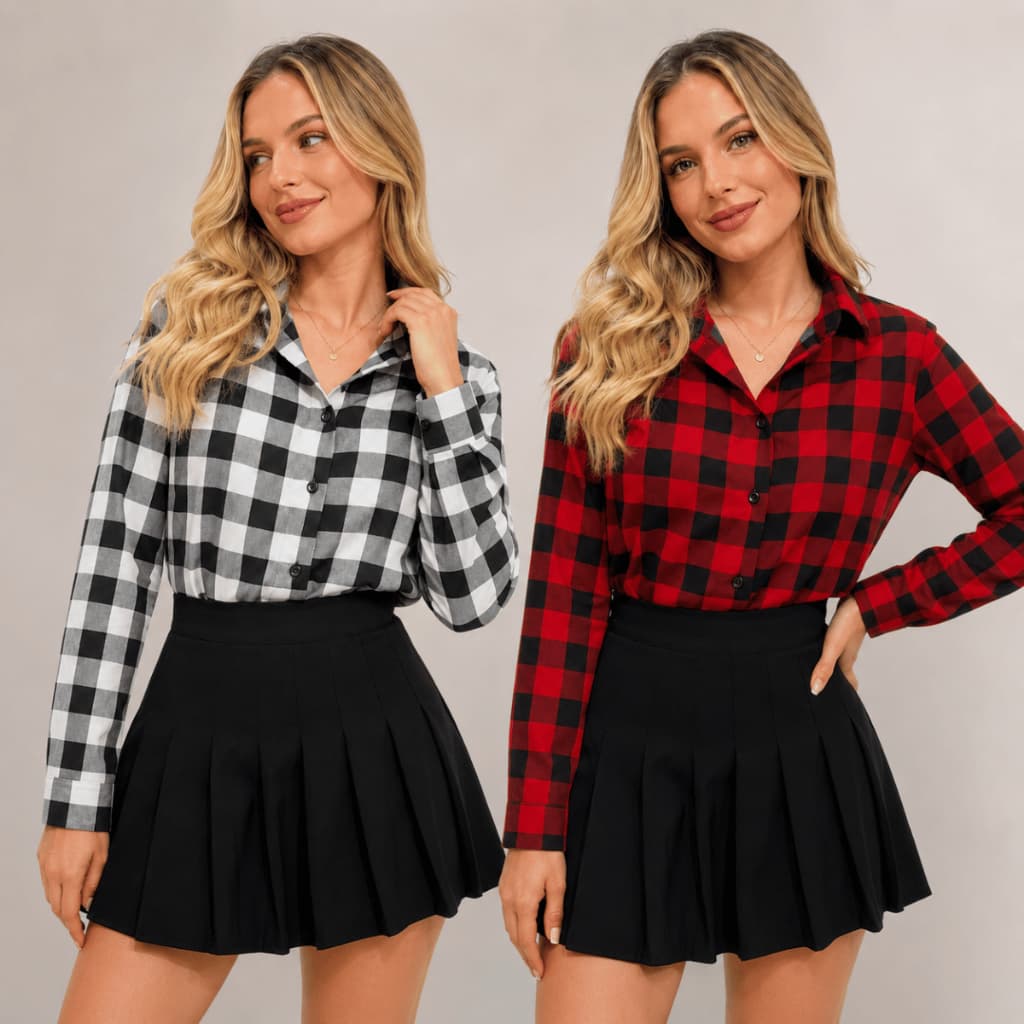 Camisa Xadrez Quadriculada Feminina Festa Junina Julina Manga Longa Country Vermelha Preta