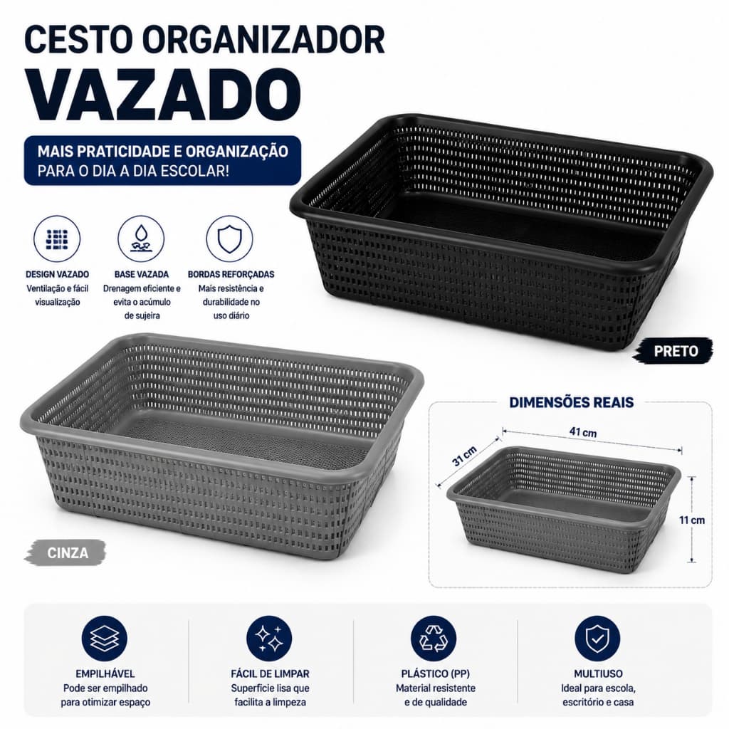 Cesto Organizador Multiuso Plástico Resistente Retangular Vazado Cinza ou Preto LUM3