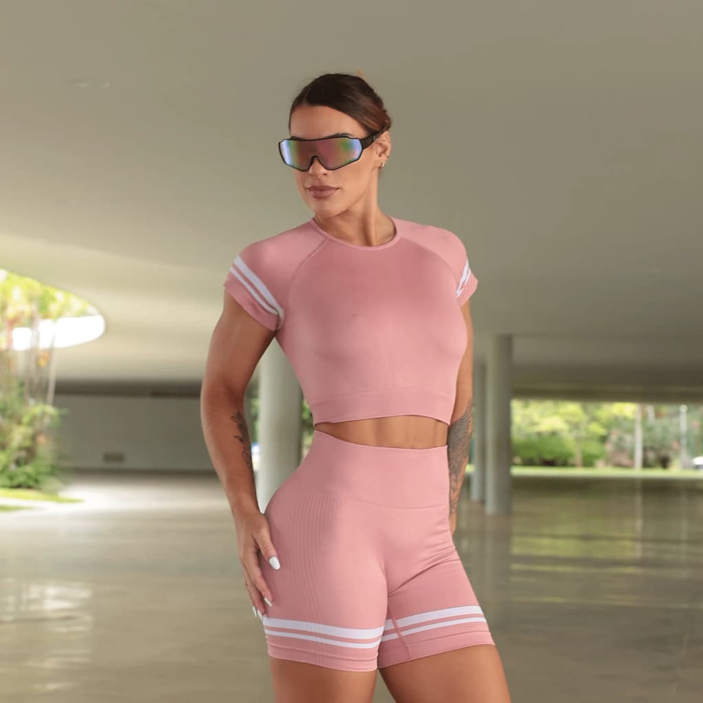Conjunto Academia Feminino Shorts Fitness Cropped Manga Curta Cintura Alta Zero transparencia Alto Padrão
