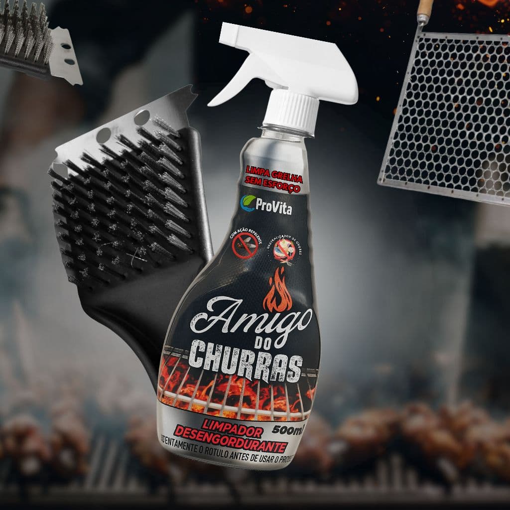 Kit Limpa Grelha Profissional + Desengordurante Poderoso Remove Gordura Queimada  Fácil | Escova com Raspador Churrasco