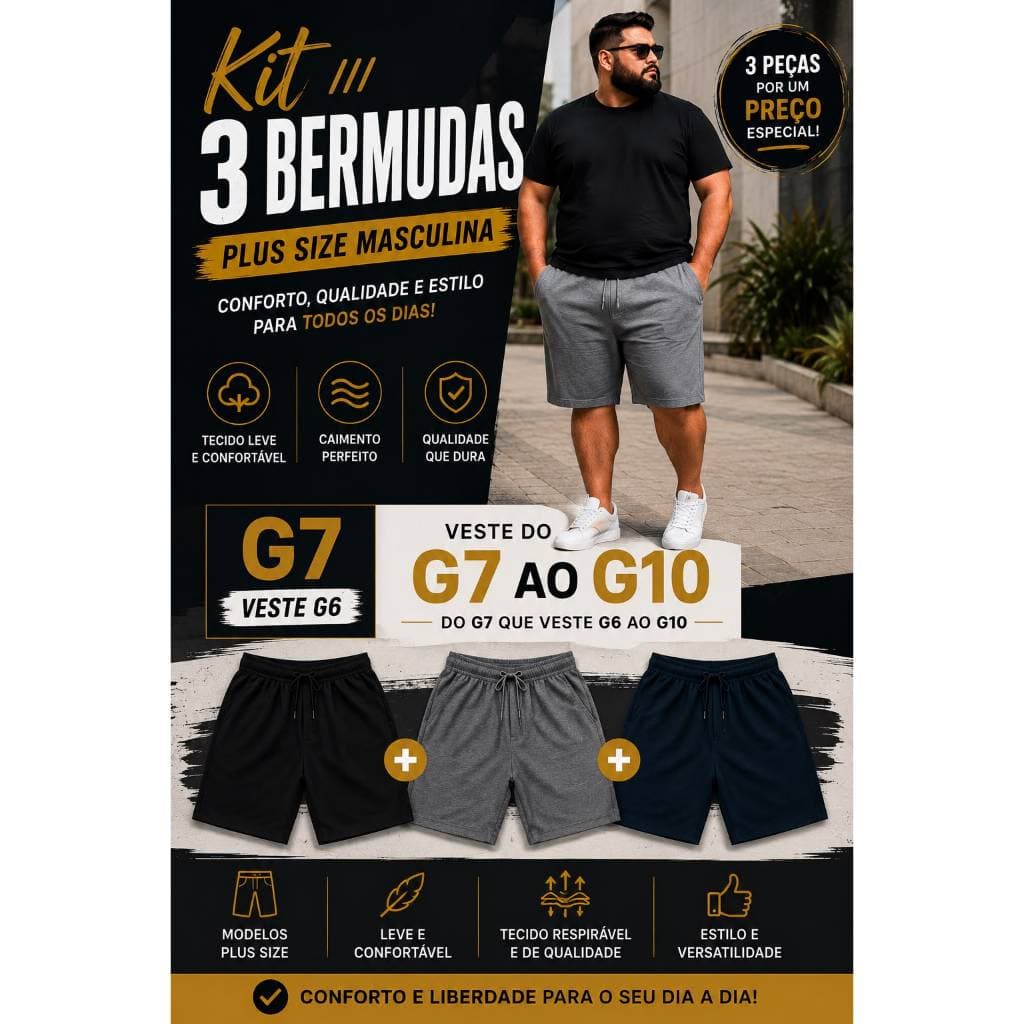 Kit 1 - 3 - Bermuda Plus Size - (G7 - G8 - G10) - Esporte - Academia - Dia a Dia - Moda Masculina