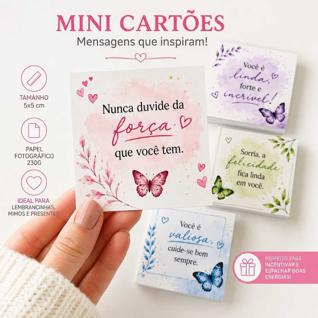 50/100/150 Mini Cartões Motivacionais 5x5cm | Kit com Mensagens Inspiradoras | Lembrancinhas e Mimos