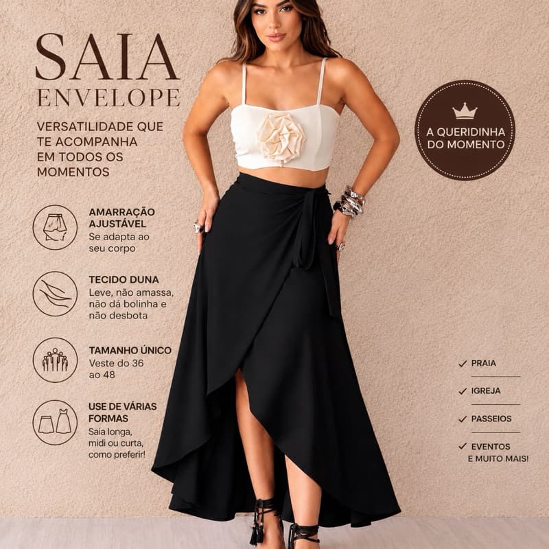 Saia Midi Envelope Multiformas  Saia transforma em Vestido de Amarrar Wrap Social e Casual