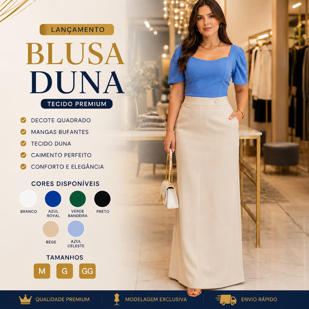 Blusa Feminina Manga Princesa Tecido Duna Não Amassa Elegante M/GG